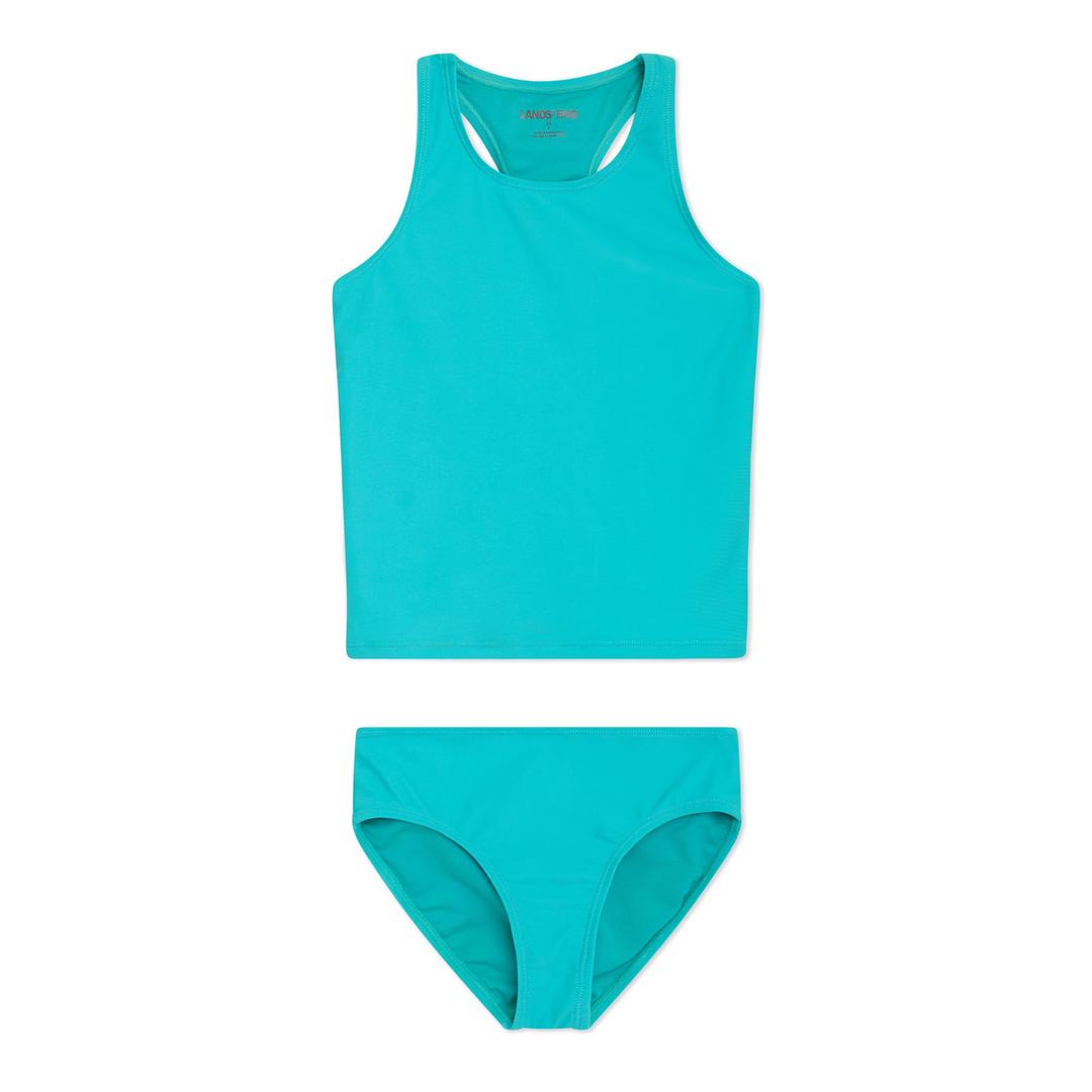 Lands' End Girls' UPF 50+ Swim Bikini Bottom and Racerback Tankini Set, Ceramic, Medium