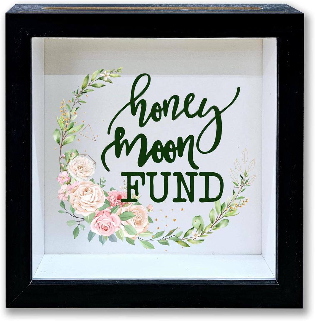 Honeymoon Fund Shadow Box Frame, Wedding Money Box with Slot, Greenery Floral Travel Memory Box, Adventure Archive Box, Decorative Wooden Money Savings, Wedding Honeymoon Gifts for Newlyweds -12