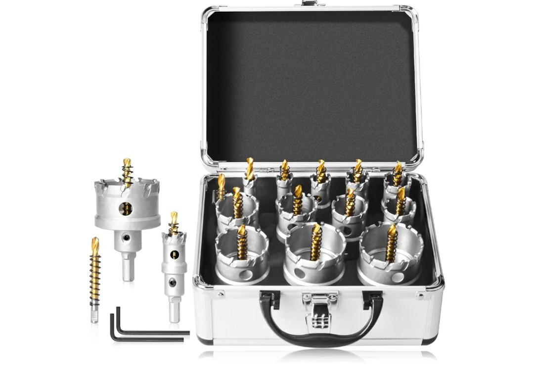 16Pcs Upgrade Heavy Duty Carbide Hole Saw Kit - Metal Steel Hole Saw Drill Bits TCT Hole Cutter with 1Pc Center Drill 2Pcs L-Wrench - Hole Saw Set for Metal, Steel, Iron, Alloy, Copper