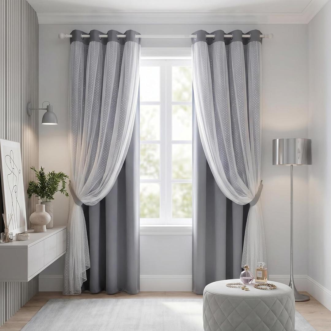 MYSKY HOME 65% Blackout Curtains for Girls Bedroom & Nursery Kids Grey Cute Curtains Double Layer with Polka Dots Sheer, Grommet Tops, 52x95 Inch Each Panel, 2 Panels