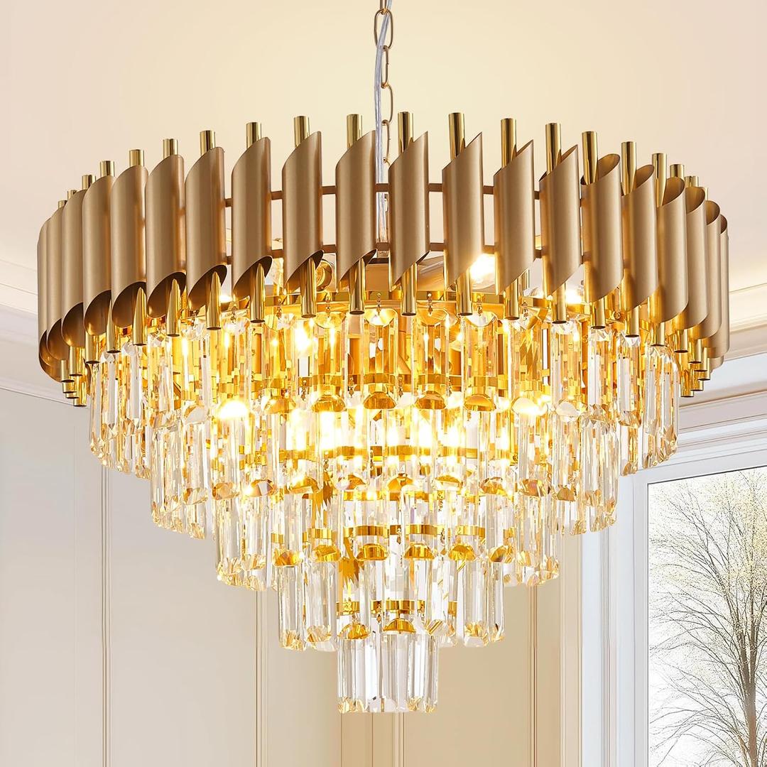 Gold Crystal Chandelier 24" Modern Living Room Chandeliers, K9 Crystal Ceiling Lights Fixtures, Round 5 Tiers Pendant Lighting Large Chandelier for Entryway Dining Room Staircase