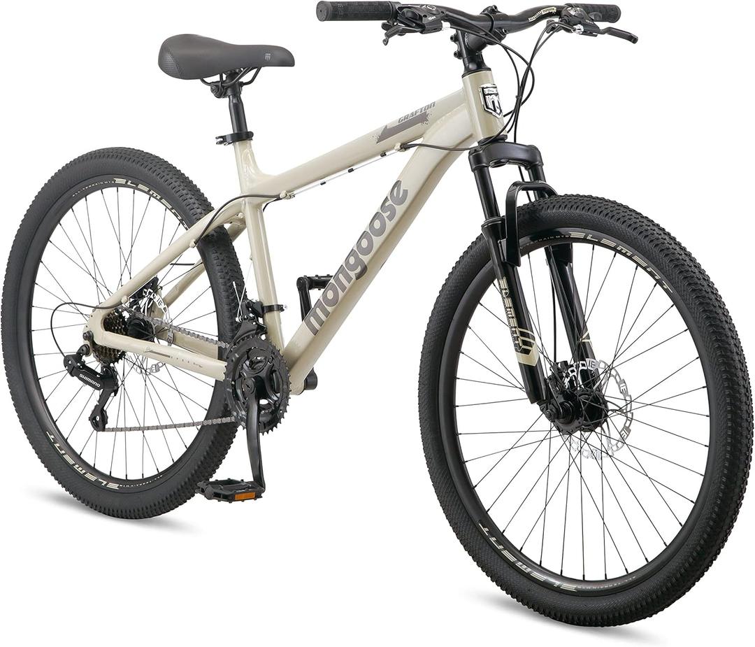 Mongoose Grafton Mountain Bike, 24, 26 or 27.5 Inch Bike, 21 Speed, Aluminum Frame, Knobby Mountain Tires, Suspension Fork, Trigger Shifters, Mechanical Disc Brakes, Teal, Tan, Blue or Purple | Trigger Shifter, Aluminum Frame, Front Suspension