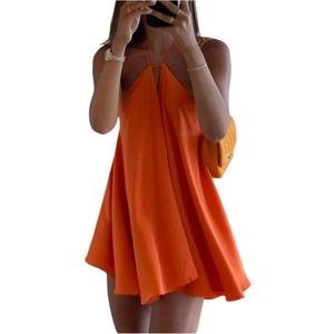 SOLY HUX Women's Mini Dress Halter Neck Sleeveless Tie Backless Swing Flowy Beach Dresses Summer Vacation Clothes Solid Orange Small