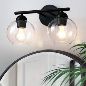 Black Bathroom Light Fixtures, 2 Light Bathroom Vanity Light with Globe Glass Shades, Modern Farmhouse Vanity Lights Over Mirror, Matte Black Wall Lights for Bedroom Restroom, E26 Socket