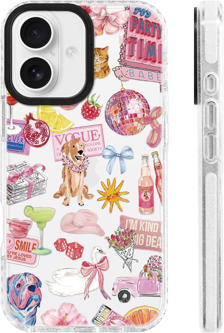 for iPhone 17 Case [Military-Grade Drop Protection/Playful Soft Slim TPU Protective/Camera Protection/Women & Girls] - Y2K Pink Collage Pattern with Cute Animals & Disco Glam