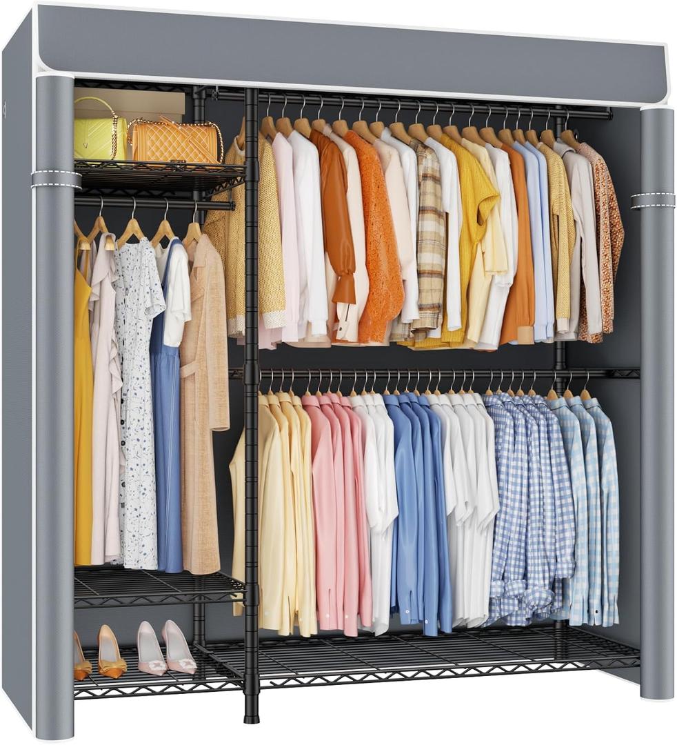 ULIFHOME F7C Clothes Rack with Cover, Covered Clothing Rack Heavy Duty