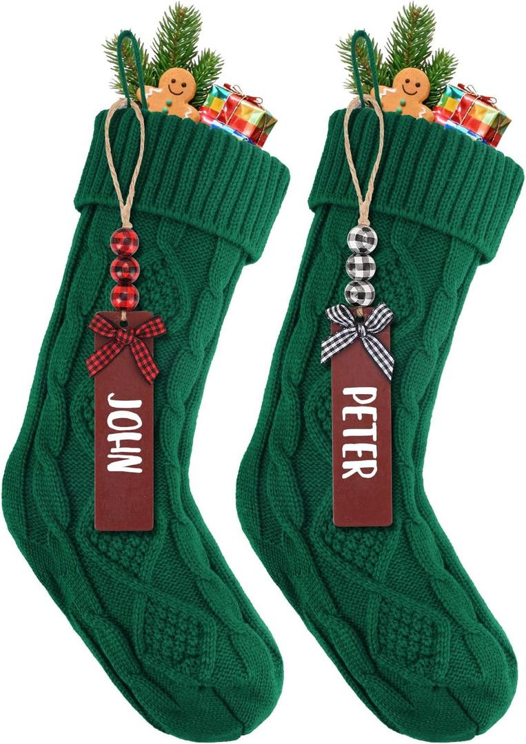 2PACK 18Inch Cable Knitted Personalized Christmas Stockings, Personalized Hanging Stockings for Holiday Party, Christmas Tree, and Family Home Decor in Green