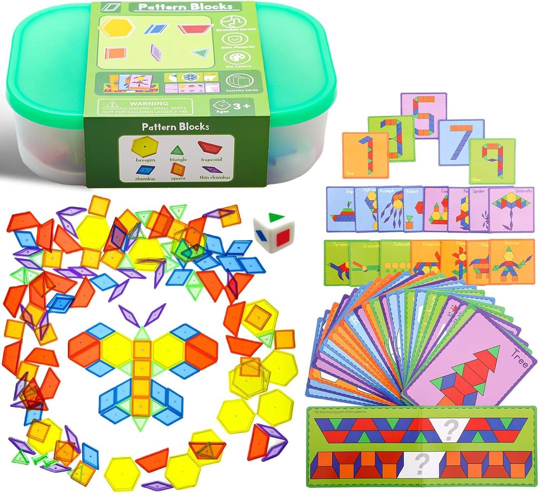 140 Pcs Translucent Pattern Blocks,Geometric Shapes,Translucent Toys,Light Table Accessories and Manipulatives,Includes 46 Activity Cards