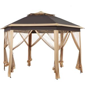 Yaheetech 13x13 Pop up Gazebo, Hexagonal Outdoor Canopy Shelter, Instant Patio Gazebo Sun Shade Canopy Tent with Double Tiers & Mesh Netting for Lawn, Garden, Backyard & Deck, Khaki/Brown