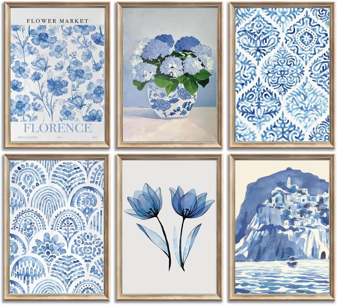 6Pcs Blue coastal Wall Art Flowers Aesthetic Wall Decor Pictures Trendy Minimalist Posters Prints Hydrangeas painting Preppy Artwork for Bedroom Gallery Home Decoration,8x10in Unframed