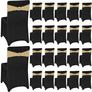 Chumia 40 Pcs Chair Covers and Sashes, Spandex Stretch Chair Slipcovers with Shiny Bowknot for Wedding Party Banquet Anniversary Events Dining Decor (Black, Gold)