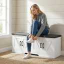 HOMSHO 2-Tier Storage Bench, 47.2" Wide Shoe Bench with Padded Seat Cushion, Entryway Bench with 4 Barn Doors and Adjustable Shelf, White