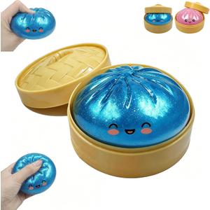 Glitter Dumpling Squishies, Dumpling Squishies Mystery Box, Colorful Dumplings Stress Balls Fidget Sensory Toy, Squeeze Dough Ball Stress Relief Toys with Food Steamer Stretchy Desk Toys(Glitter Blue)