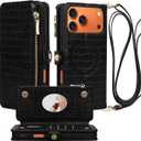 Crossbody Wallet Case for iPhone 17 Pro Max with Mirror, Wrist Strap, Zipper Purse Magnetic Flip, RFID Blocking Card Holder, Wireless Charging, PU Leather Shockproof 6.9" Women (Black)