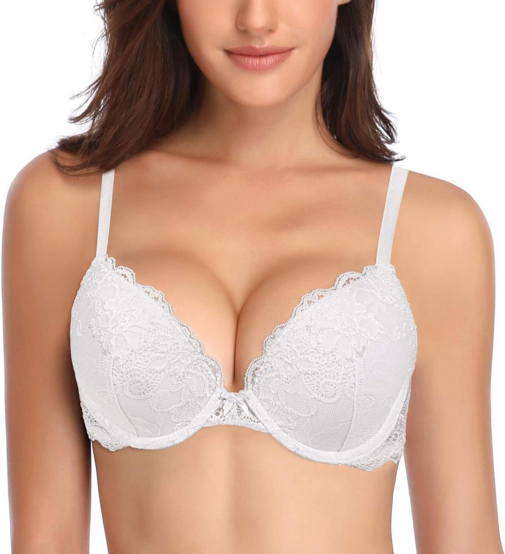 Deyllo Womens Push Up Lace Bra Comfort Padded Underwire Bra Lift Up Add One Cup (38DD, White)