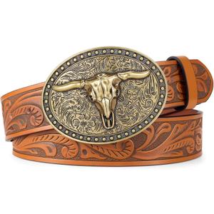 Cowboy Belt Western Belts for Men Women Cowgirl Rodeo Large Bull Buckle Western Leather Belt for Jeans (for Wasit 28"-32", Brown)