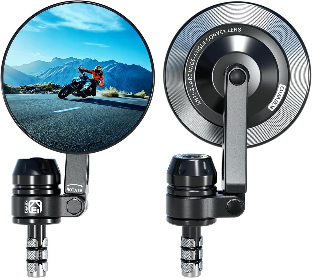 2 x VAZESWIN Aluminum Alloy Rainproof Motorcycle Bar End Mirrors, CNC Machined Anti-Glare Blue Lenses Motorcycle Rear View Mirrors, Foldable Multi-Angle Adjustable Fit for 12-18mm Handlebar Inner Diameter