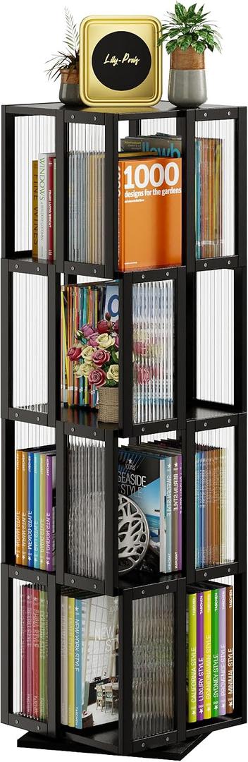 BAMEOS Rotating Bookshelf Tower 4 Tier, 360 Spinning Bookcase with Solid Wood Frame & Bamboo Finish, 4-Component Easy Assembly Corner Book Shelf for Small Spaces, Office, Bedroom, Living Room