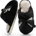 Cute Women's Memory Foam House Slippers - Fuzzy Plush Faux Fur Slippers with Bow Butterfly Tie - Anti-Skid Indoor/Outdoor Gifts for Women, Moms & Ladies (38-39, Black)