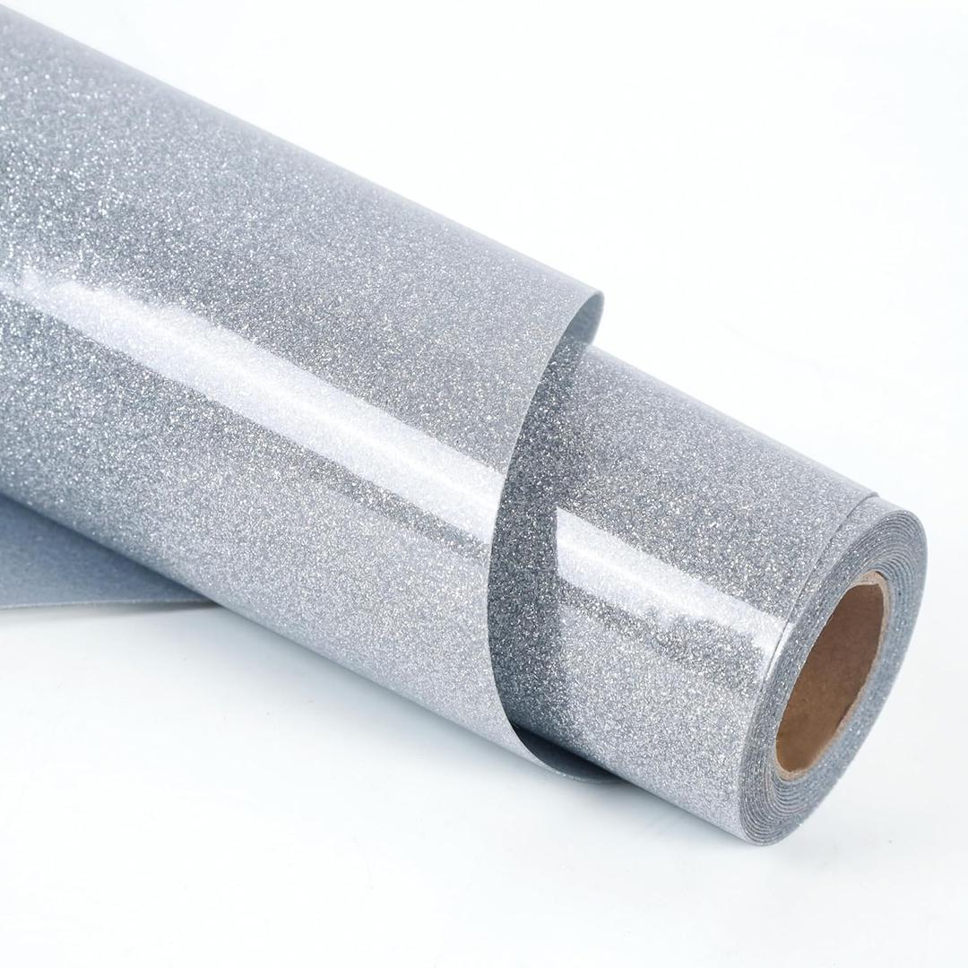 RENLITONG Glitter Silver Heat Transfer Vinyl Rolls - 12" x 8ft HTV Vinyl for Shirts, Iron on Vinyl for Cameo - Easy to Cut & Weed for Heat Transfer Design (Glitter Silver)