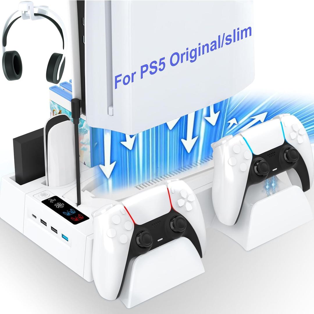 PS5 / PS5 Slim Cooling Station with Controller Charging Station, Cooling Stand for PlayStation 5 Console, PS 5 Dock Accessories Organizer with Storage Slot, PS 5 Cooler Fan, Headset Holder, 4 USB Hub