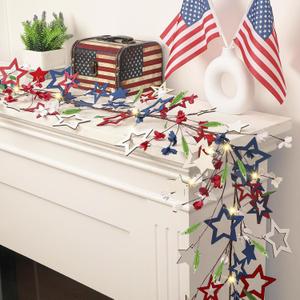 6ft 4th of July Garland 250th Anniversary Red White Blue Garland Patriotic American Lighted Vine Branches Star Ornaments and LED Twigs for Home Office Mantel Fireplace Shelf Table Decor