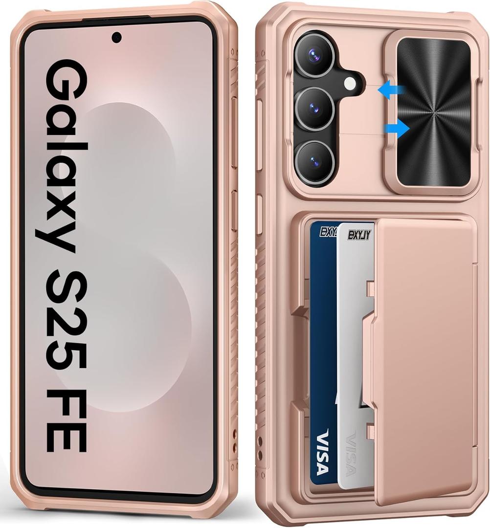 BXYJY for Samsung Galaxy S25 FE Phone Case Wallet, Card Holder (4-5 Cards), Slide Camera Cover, Military Grade Protection, Rugged Hard Women Girly Men Protective Case for Galaxy S25 FE 6.7", Rose Gold