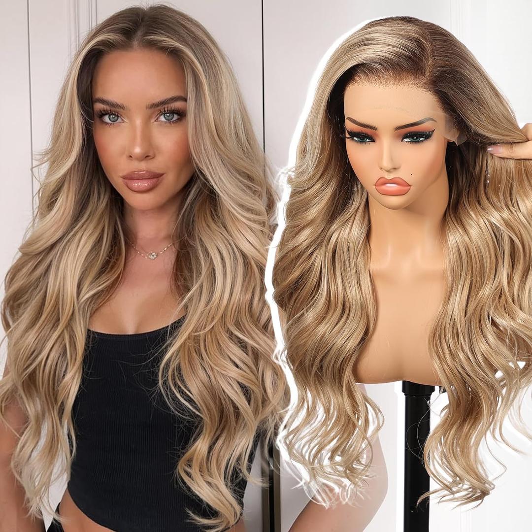 KOME Dirty Blonde Synthetic Lace Front Wig,136 Pre Plucked Curly Glueless Wigs for Women Daily Party Use 26IN(#TT6/1603)