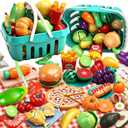 120 PCS Play Food Sets for Kids Kitchen - Pretend Toys with Fruits, Vegetables, Meat, 2 Baskets & Mat- Educational Toys for 3 4 5 Year Old Boys & Girls - Ideal Gift for Christmas & Birthday