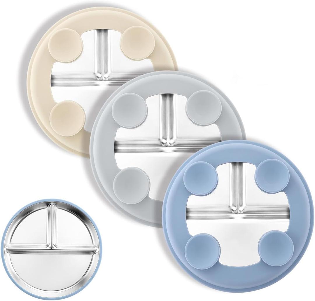 Bakpoco Stainless Steel Suction Plates for Toddlers, 8" Divided Kids Baby Plates with Removable Silicone Suction, Non Toxic Non Slip Portion Control Snack Dishes 3 Packs, Blue Gray Beige