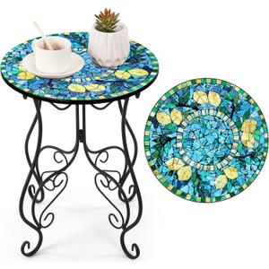 Geelin 14 Inch Lemon Small Outdoor Patio Side Table Lemon Round Mosaic Side Table Accent Indoor End Plant Metal Coffee Tea Furniture for Yard Porch Garden Living Room Bedroom