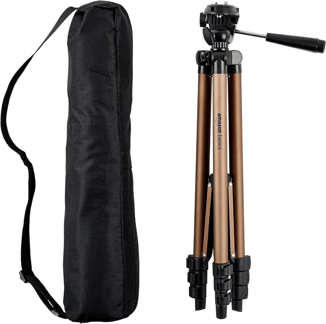 Amazon Basics 50-inch Lightweight Portable Camera Tripod Stand with Quick-Release Plate, Adjustable Height, Aluminum, for Travel Photography, Champagne
