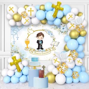 AIBIIN 85Pcs Baptism Decorations for Boys, Primera Comunion Decoracion First Holy Communion Christening Party Decorations White and Blue Baptism Balloon Garland Kit with Mi Primera Comunion Banner.