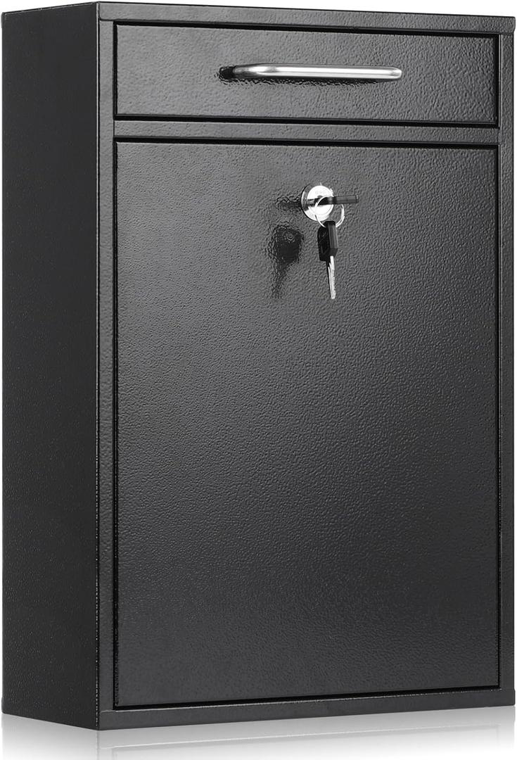 xydled Metal Mailbox Wall Mount, Large Locking Mailbox with Key Lock, Hanging Secure Postbox, Security Key Drop Box, Collection Boxes, Black, 17.6H x 12.2L x 5.7W Inches, XL Large