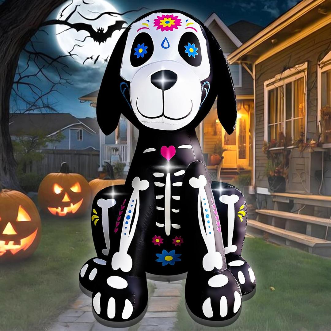 5FT Halloween Inflatables Skeleton Dog Outdoor Decorations Blow Up Yard Cute Black Dog Built-in LEDs for Holiday Garden Lawn Yard Indoor Party Decor