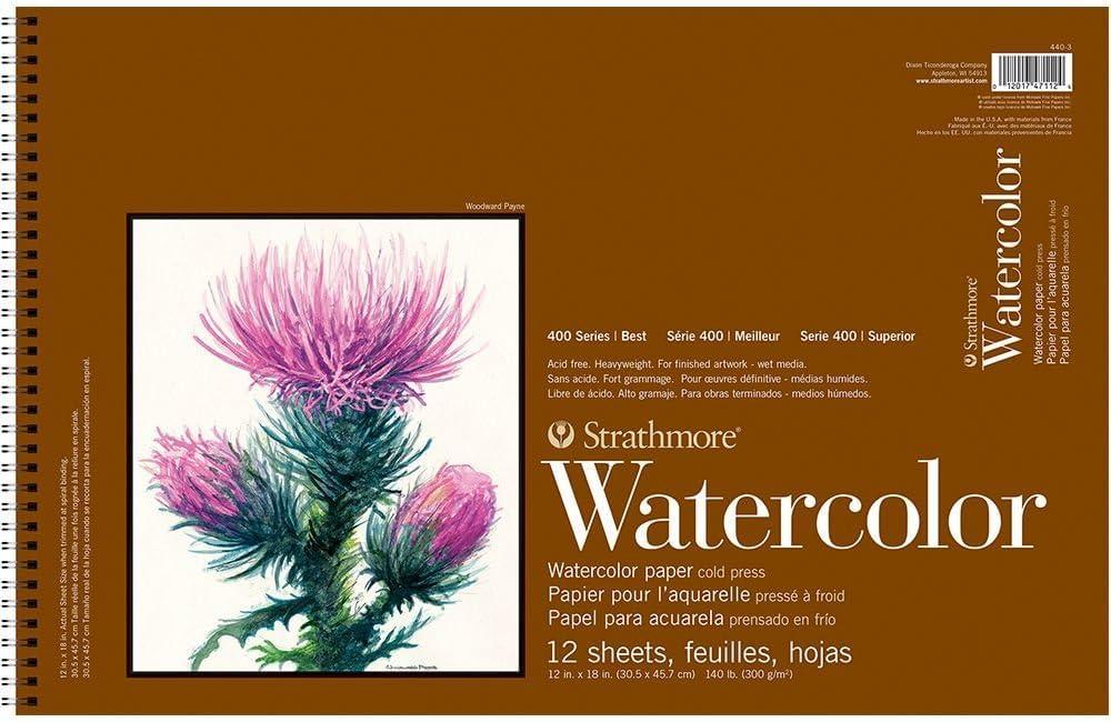 Strathmore 400 Series Wire Bound Watercolor Pad, 140 lb. Cold Press, 12 X 18 inches, White, 12 Sheets (440-3)