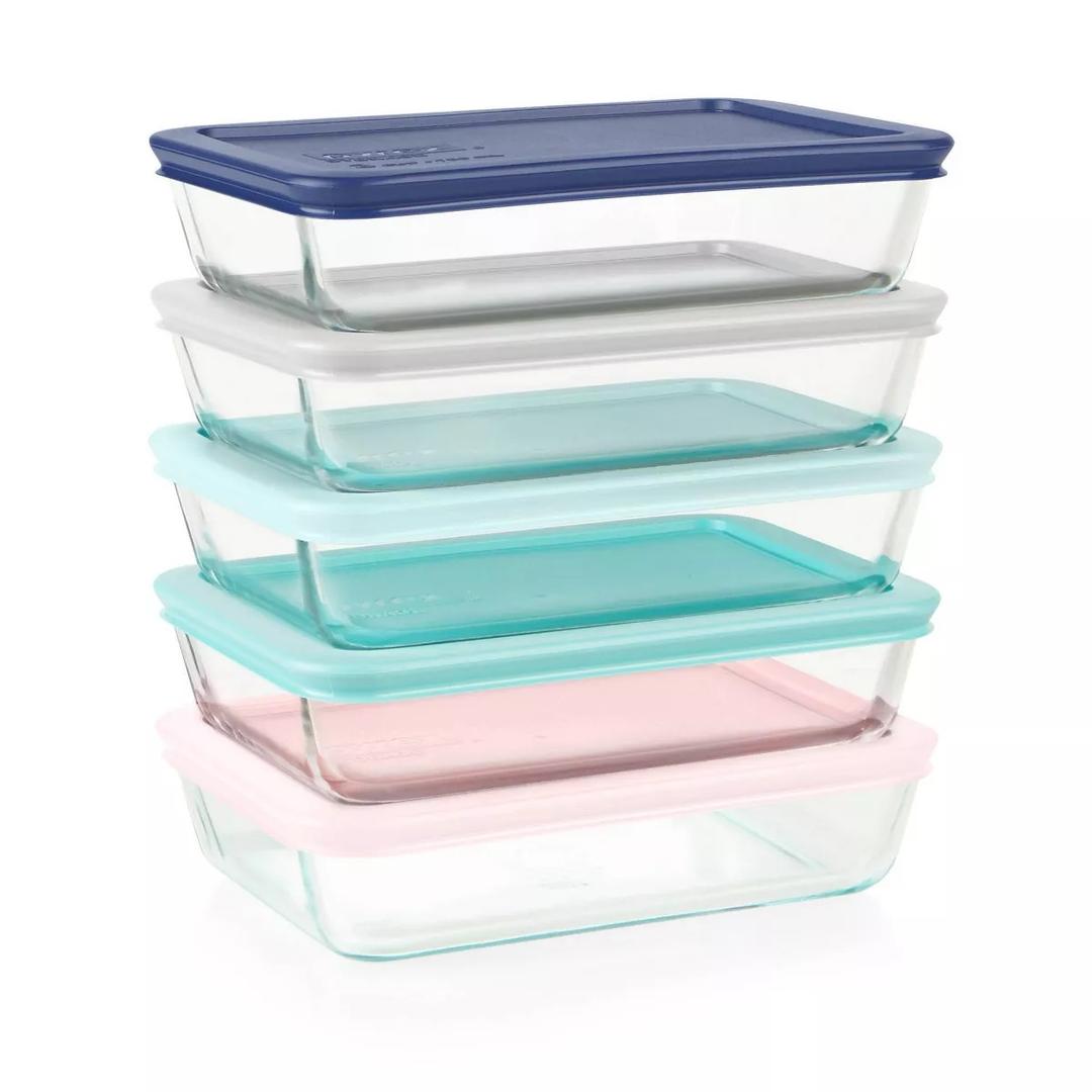 Pyrex 10pc Glass Meal Prep Set: Clear Glass Food Storage Containers with Plastic Lids, Dishwasher-Safe
