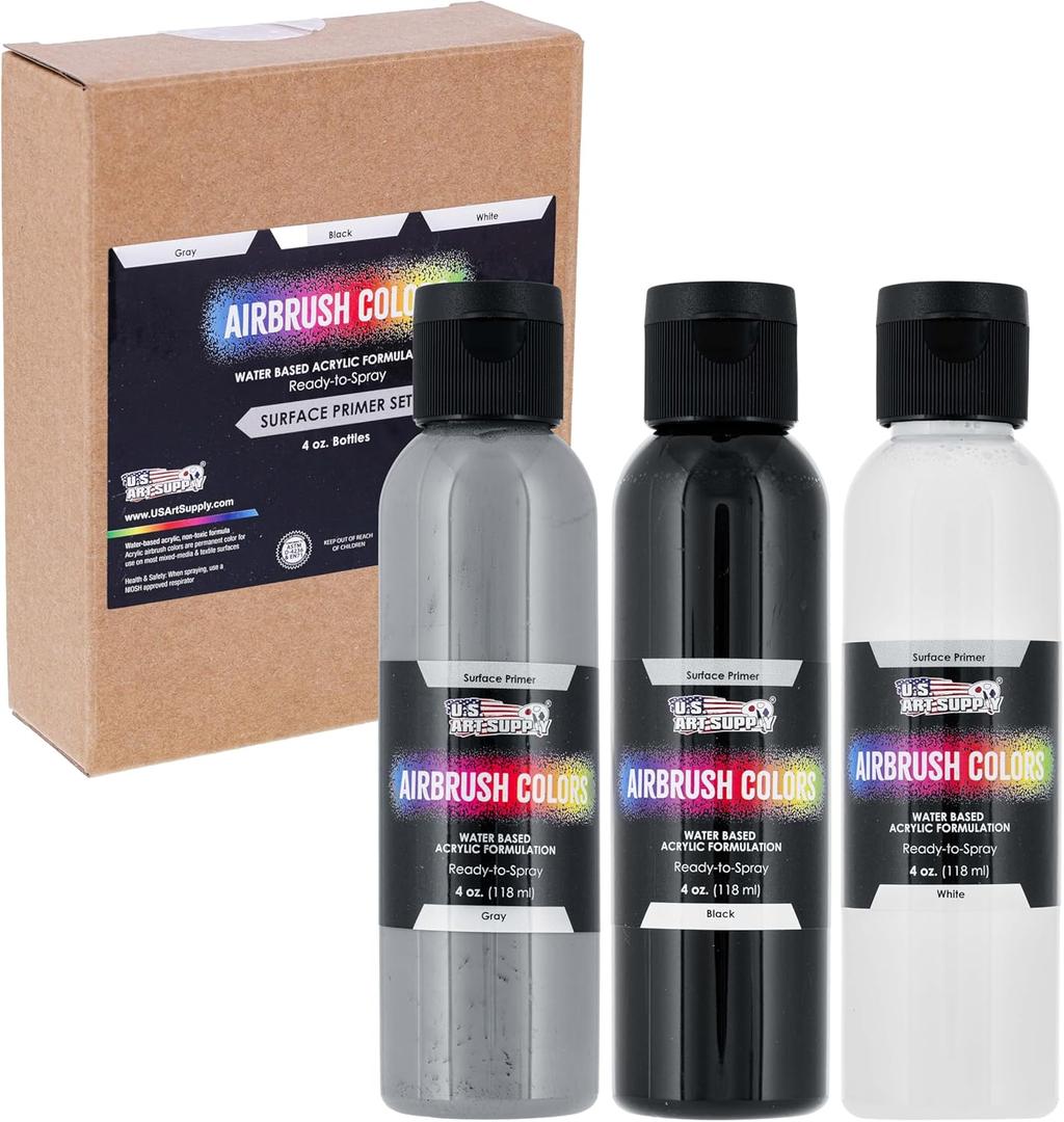 U.S Art Supply Black, White, Gray Surface Primer Airbrush Paint, 3 Color Set, 4 oz - Ready-To-Spray, Water-Based Acrylic Polyurethane - Artist Priming, Plastic, Metal, Canvas, Wood, Hobby Models Craft