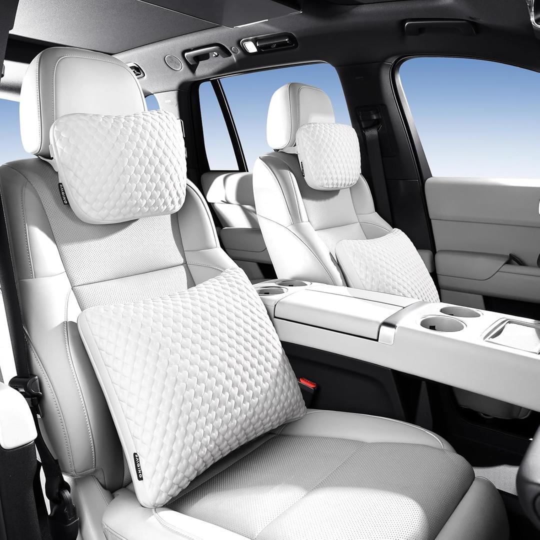Car Headrest and Lumbar Support Pillow Set,1 Piece, Neck & Back Support for Driver/Passenger Seat, Comfortable & Breathable, Relieves Neck & Back Pain, Ideal for Long Drives-White