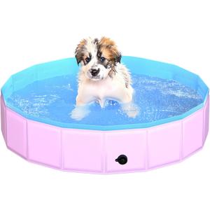 CACSPS 2025 Updated Foldable Dog Pool, 32" x 8" Kiddie Pool with Hard Plastic, Non-Slip Dog Bath Tub for Outdoor Backyard, Collapsible Dog Swimming Pool for Kids Dogs Pets (Pink) 