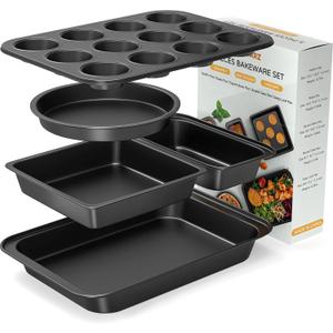 Zapstarz 5 Pieces Baking Pans Set, Nonstick Baking Sheet Tray Oven Pans Bakeware Set, Baking Supplies with Round/Square Cake Pan, Muffin Pan, Loaf Pan, Roast Pan, Stackable Baking Sets for Cooking