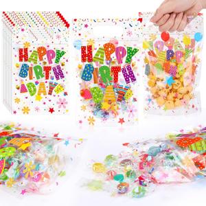 Fuutreo 50 Pcs Happy Birthday Pouches, Clear Sealing Pouches with Handles, Resealable, Colorful Balloons Plastic Bags for Home Office Galentines Party, Candy, Gift Wrap Supplies Decoration(Birthday)