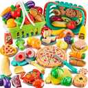 Kidsciety 85Pc Pretend Play Food Sets for Kids Kitchen, Cutting toy food with 2 Baskets, Play Kitchen Accessories for Toddlers, Fake Food with Pizza Veggies Fruits, Kids Kitchen Toys, Boys Girls Gift., child-size