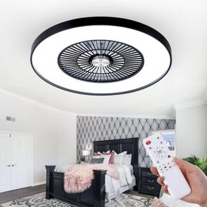 24" Bladeless Ceiling Fans with Lights and Remote/APP Control, Low Profile Ceiling Fan with 3-Dimmable Lights, Enclosed Flush Mount Ceiling Fan for Kid's Bedroom/Living Room (Black)