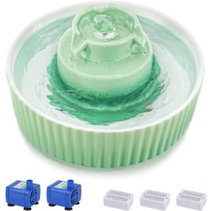 Lawfery Ceramic Cat Water Fountain, 2.1L/71oz Cat Fountain with 3 Carbon Filters and 2 Water Pumps, Cupcake Pet Water Fountain for Cats and Dogs (Green)
