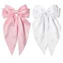 Furling Pompoms Pink Hair Bow Clips for Women,Large White Satin Hair Bows,Long-Tail Alligator Clips,Big Hair Bow Girls 2pcs Hair Accessories for Birthday Wedding Prom Party (Pink/White)