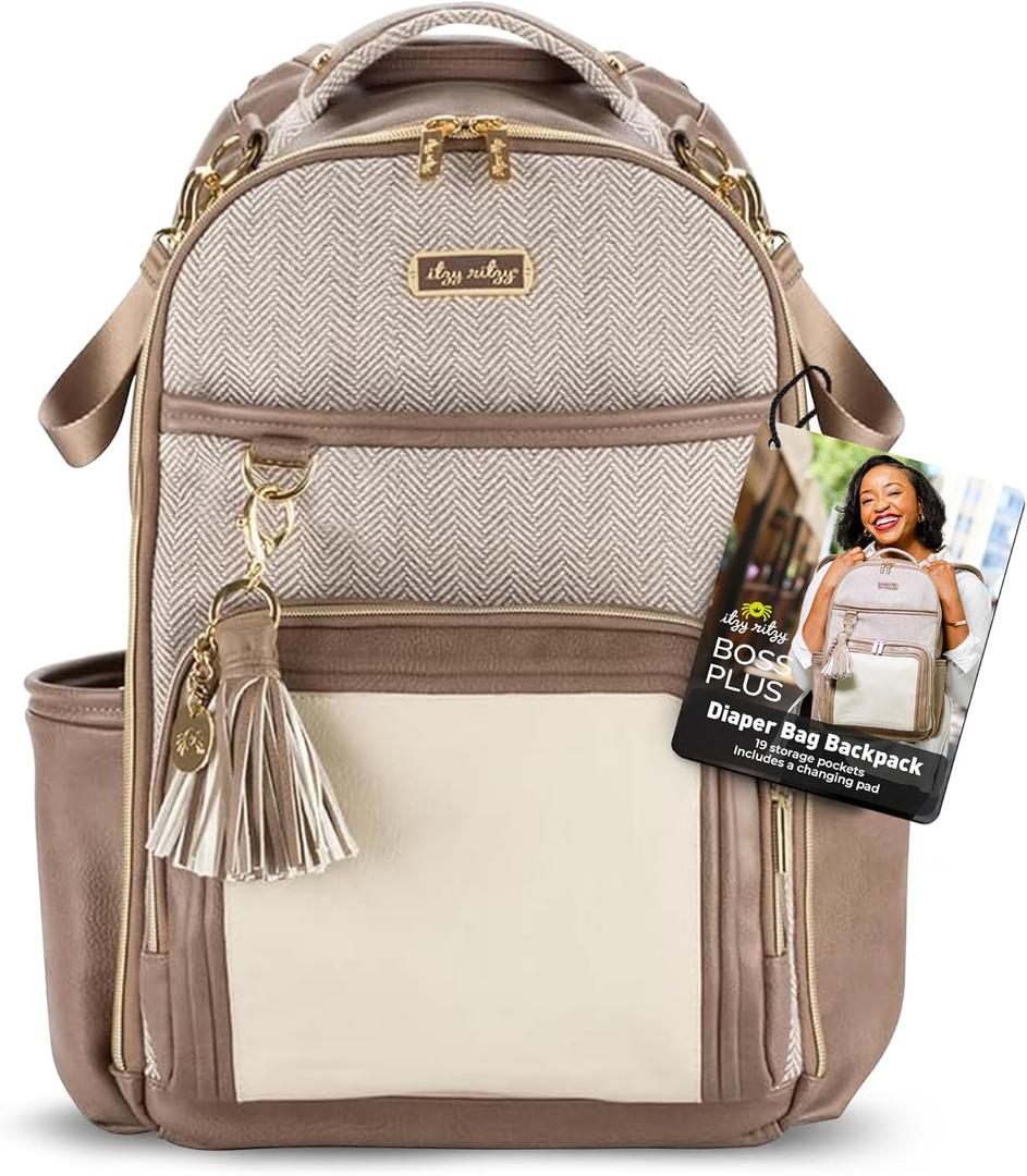 Itzy Ritzy Diaper Bag Backpack – Large Capacity Boss Plus Baby Backpack Diaper Bag Featuring 19 Pockets, Changing Pad, Stroller Clips, and Comfortable Straps (Vanilla Latte)
