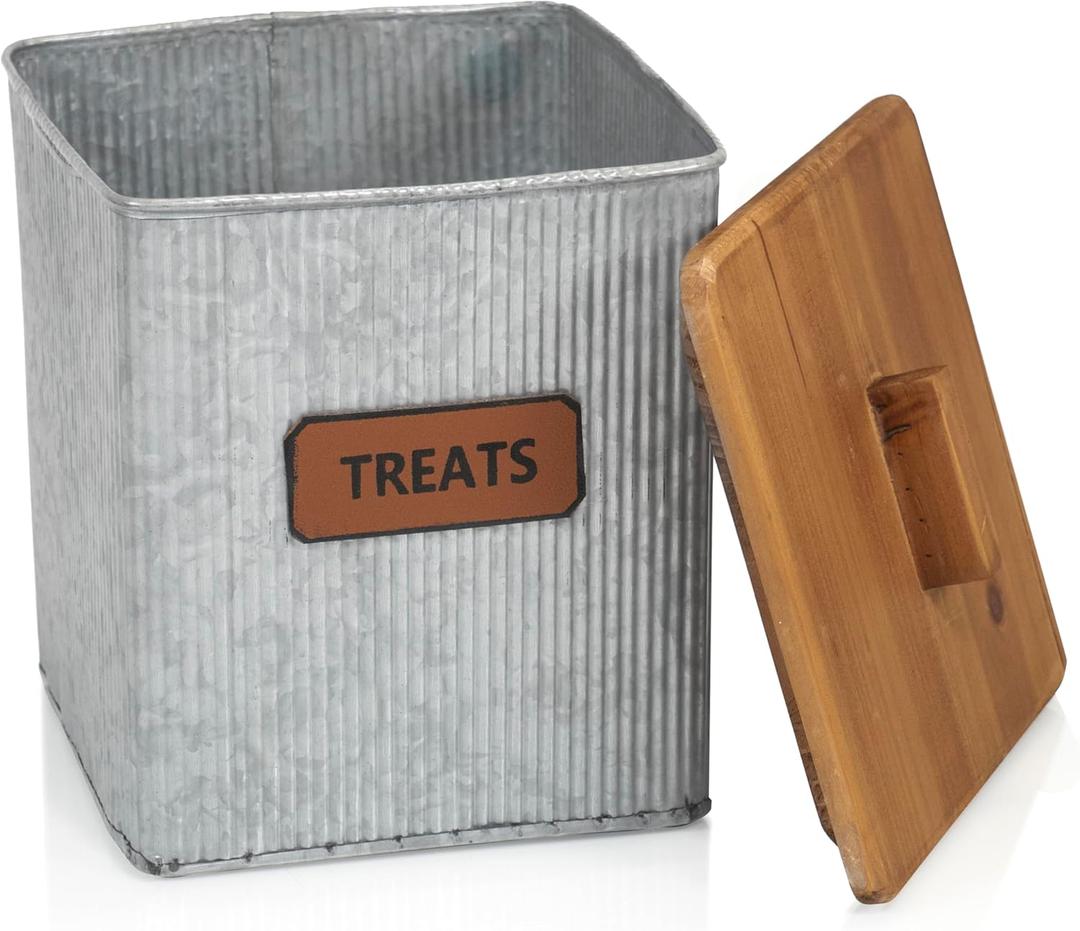 Red Co. Dog & Cat Treats Corrugated Metal Storage Canister with Wooden Lid, Distressed, 7.25" x 8