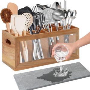 Rectangular Kitchen Utensil Holder for Countertop, Extra Large Kitchen Utensils Holder with 8 Compartments and Absorbing Drying Stone, Acacia Wood Silverware Caddy Organizer for Farmhouse Decor