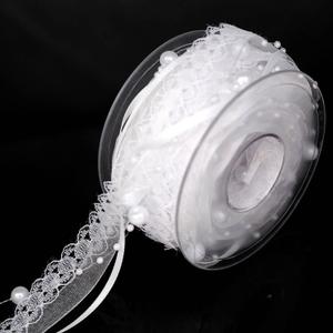 5M /5.5 Yard 4-in-1 Ribbon Set Ribbon Pearl String Satin Ribbon Lace Ribbon and Organza Ribbon for Wedding Flower Christmas Tree Decoration Sewing Craft Packaging (White)